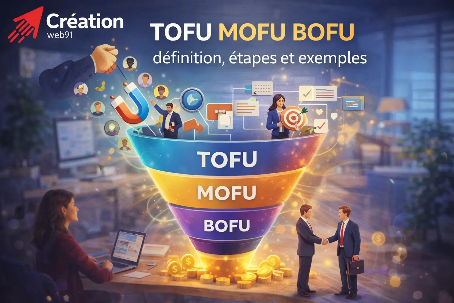 illustration du funnel marketing TOFU MOFU BOFU avec les étapes du parcours client de l’acquisition à la conversion