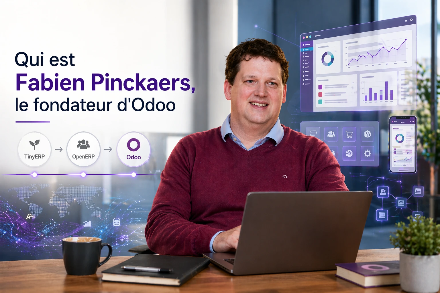Fabien Pinckaers travaillant sur ordinateur dans un bureau moderne avec interfaces ERP, tableaux de bord et éléments visuels illustrant l’évolution de TinyERP à Odoo et la transformation digitale des entreprises