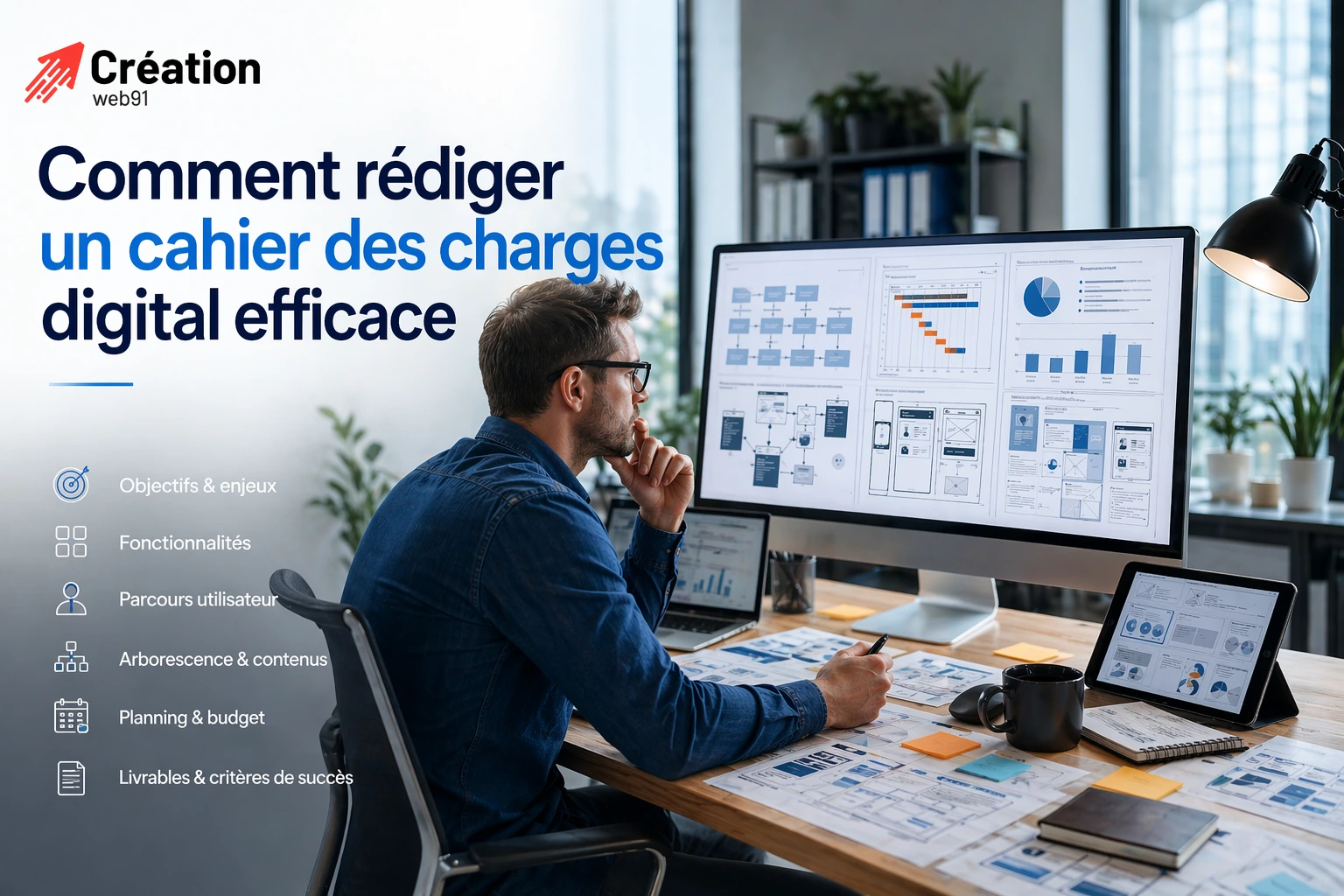 Vue du dessus d’une table de travail avec documents de cahier des charges digital, wireframes, planning, budget, post-it de priorisation, ordinateur portable et outils de gestion de projet dans un environnement professionnel moderne