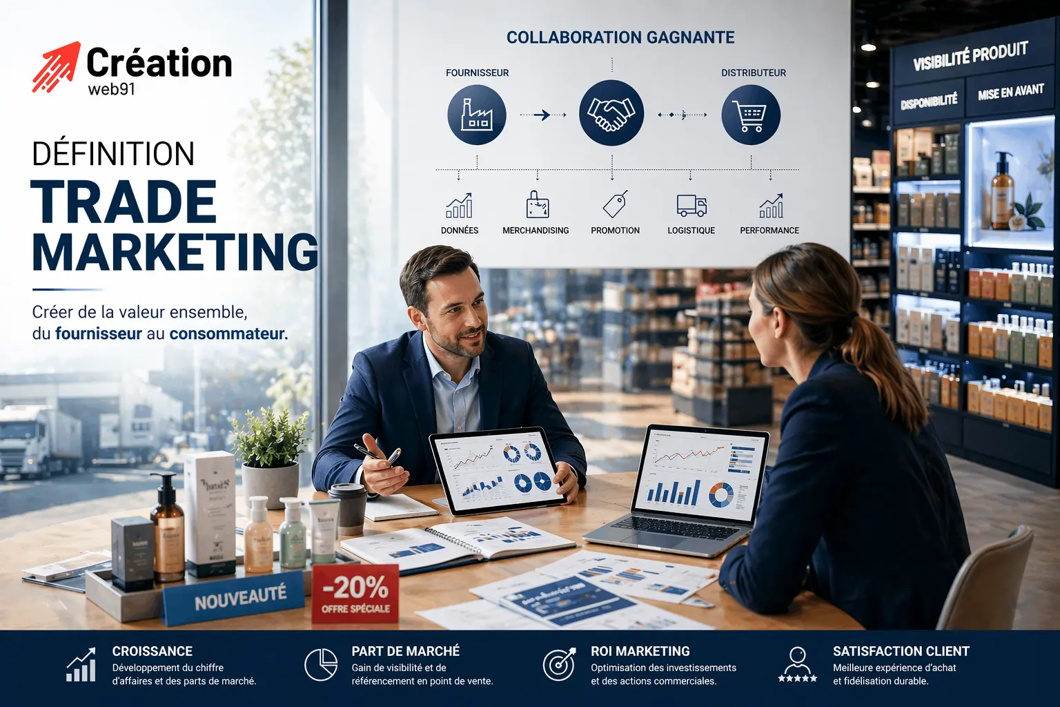 Illustration professionnelle du trade marketing montrant la collaboration entre un fournisseur et un distributeur autour de la visibilité produit en point de vente.