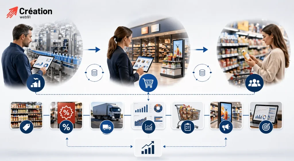 Schéma visuel du trade marketing illustrant le lien entre fabricant, distributeur, merchandising, promotions et consommateur final.