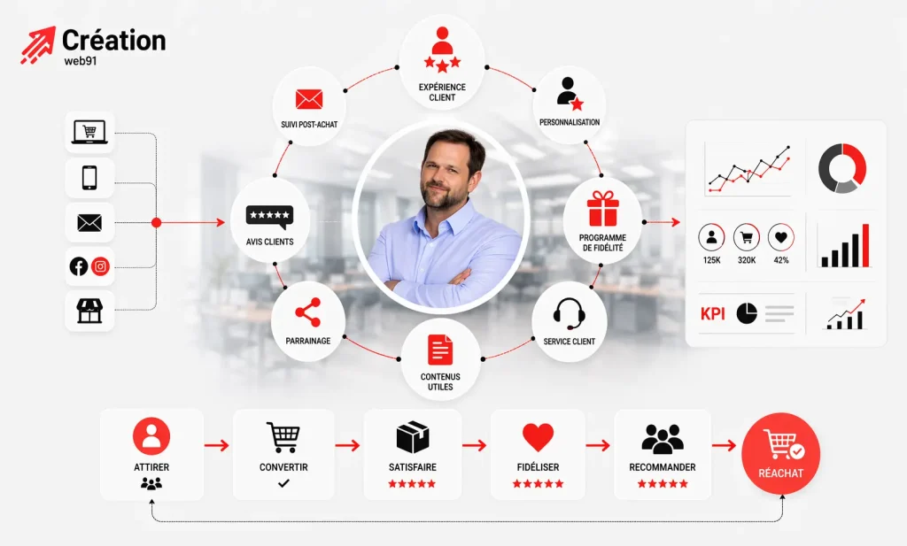Visuel pédagogique illustrant les principaux leviers de fidélisation client : expérience client, personnalisation, programme de fidélité, service client, avis et KPI.