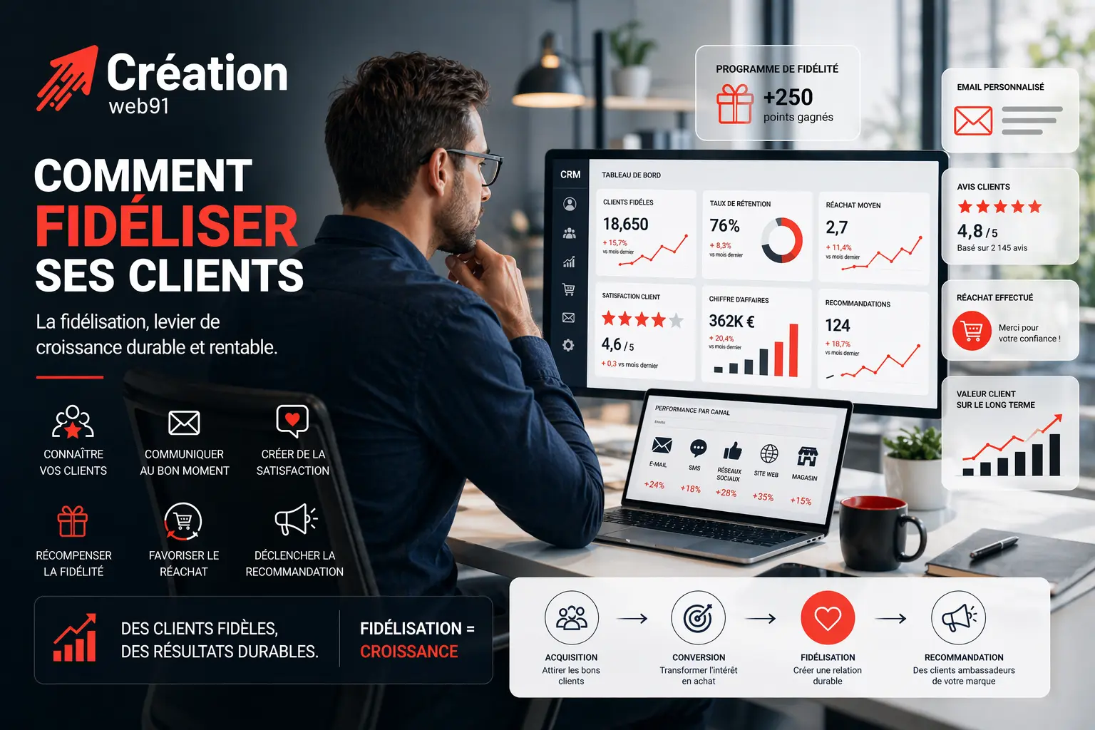 Illustration professionnelle montrant une stratégie de fidélisation client avec parcours omnicanal, CRM, avis clients et réachat, aux couleurs du logo Création Web91.