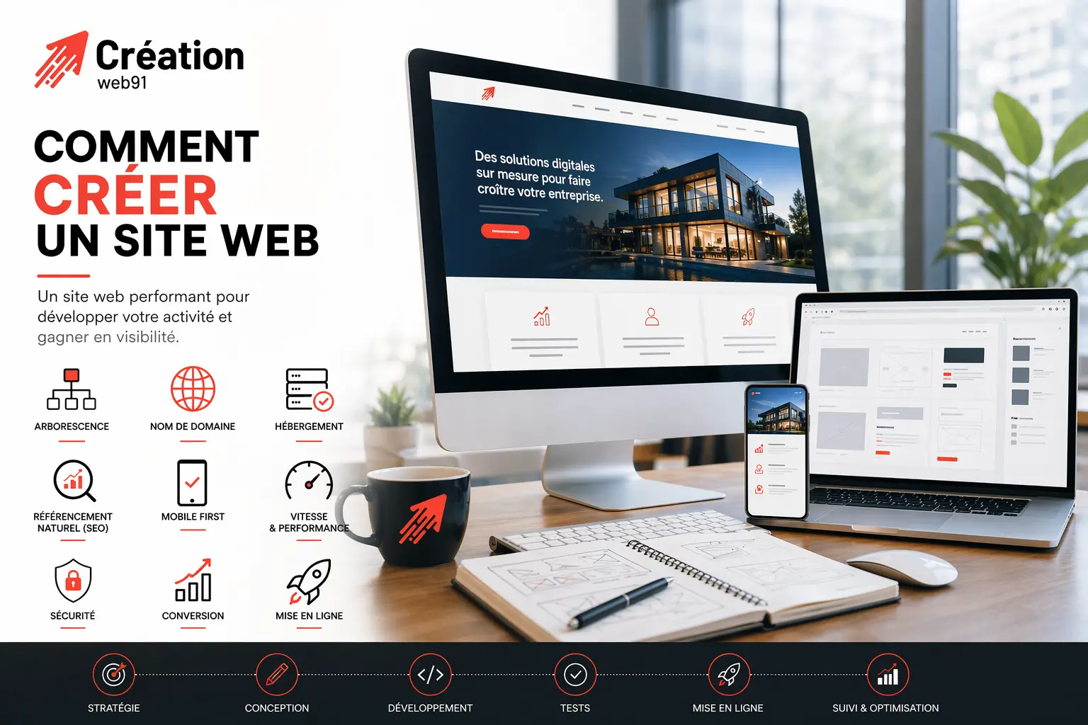 Illustration professionnelle montrant la création d’un site web moderne avec maquette, nom de domaine, hébergement et SEO, intégrant le logo Création Web91.