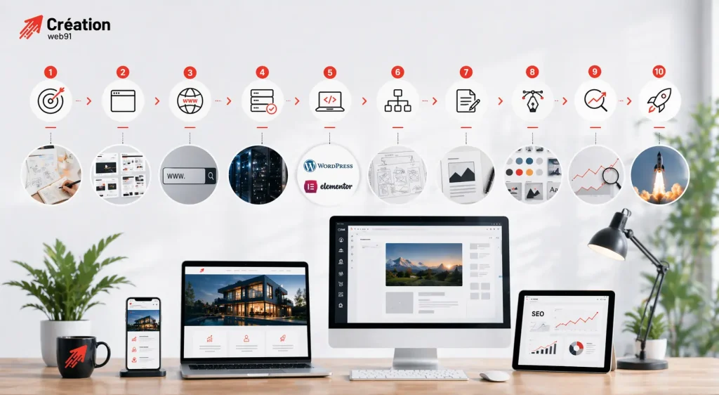 Visuel pédagogique montrant les étapes de création d’un site web : objectif, domaine, hébergement, contenu, design, SEO et publication.