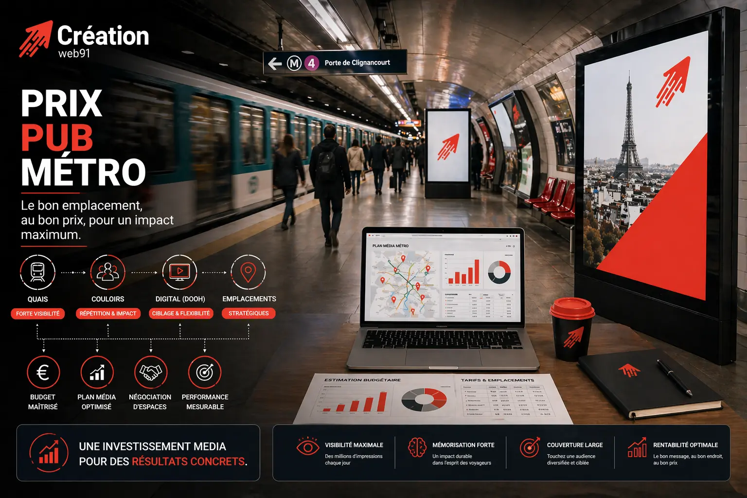 Illustration professionnelle d’une campagne publicitaire dans le métro parisien avec panneaux d’affichage, budget média et logo Création Web91.