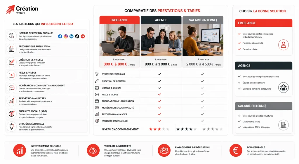 Visuel pédagogique illustrant les tarifs d’un community manager selon les prestations, la fréquence de publication, les réseaux sociaux et le niveau de service.