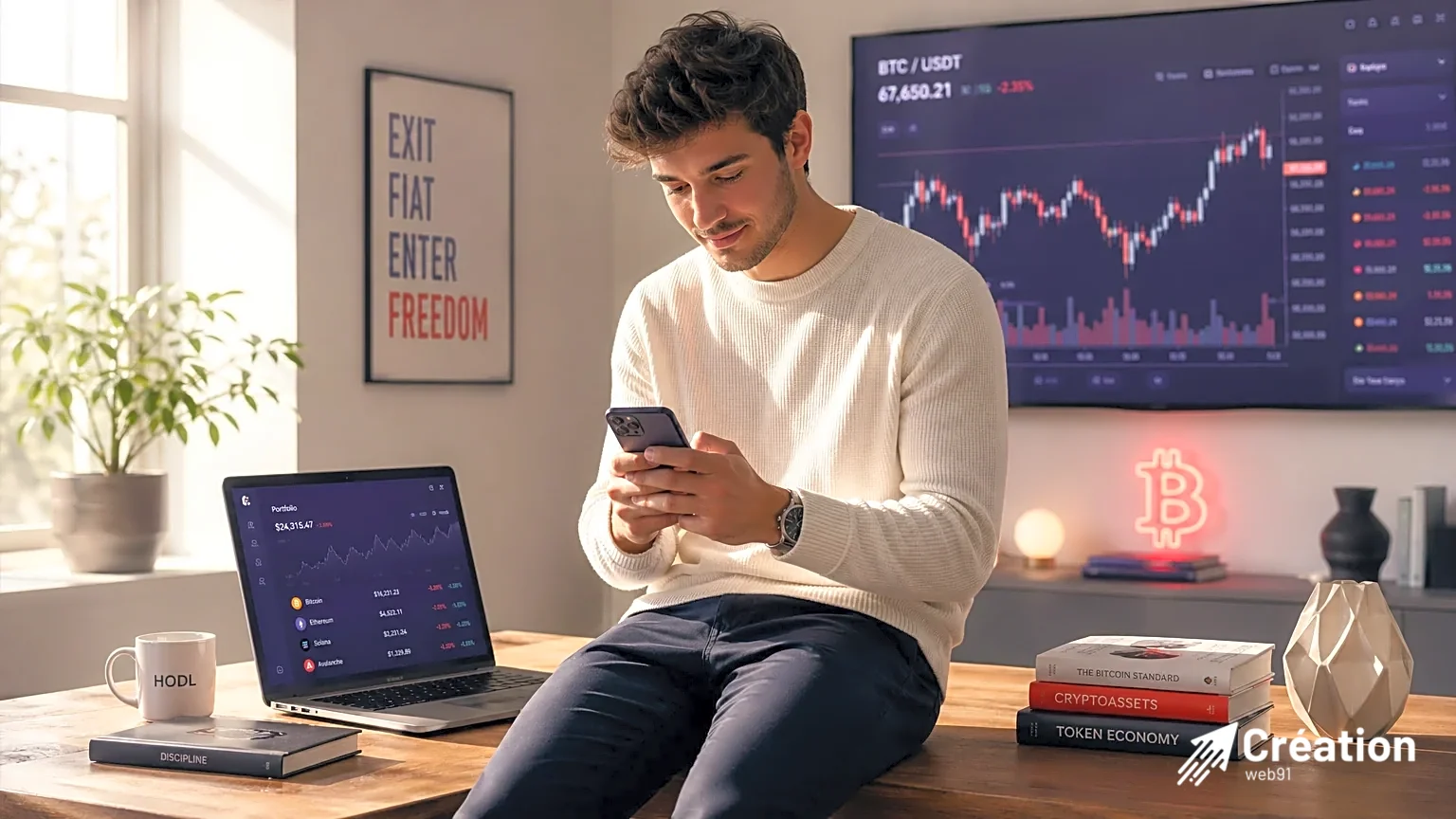 Jeune homme utilisant un smartphone pour gérer des cryptomonnaies.