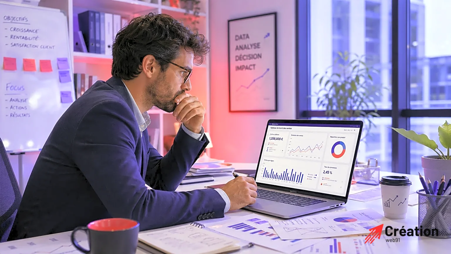 Un professionnel examine des graphiques de ventes sur un ordinateur dans un bureau lumineux.
