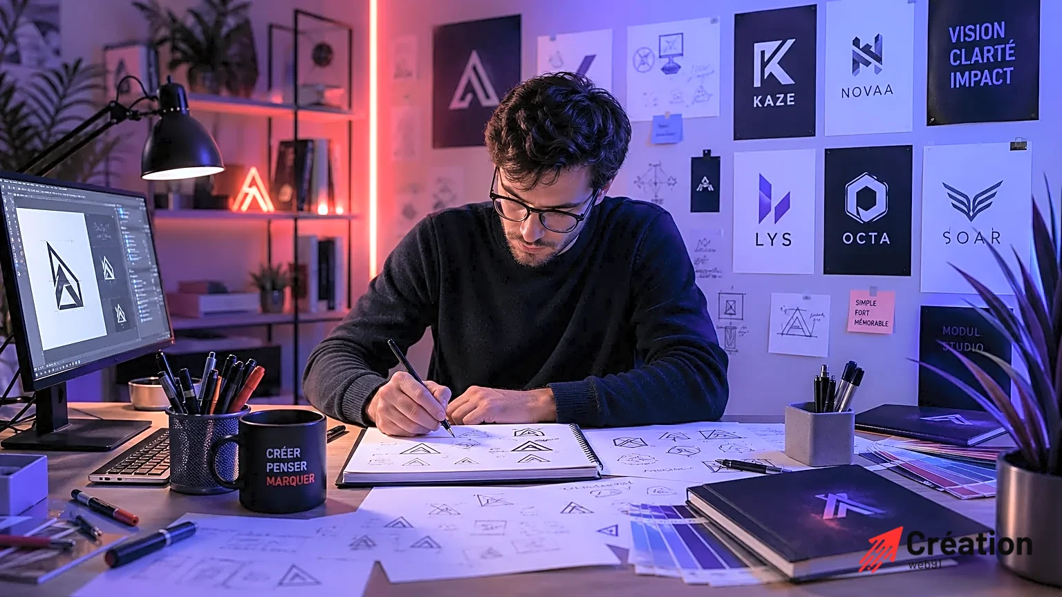 Un graphiste concentré à son bureau avec des croquis et logos.