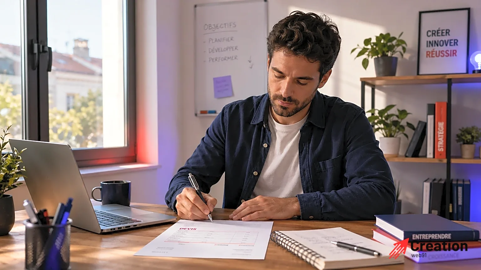 Un entrepreneur assis à un bureau rédige un devis sur une feuille blanche.