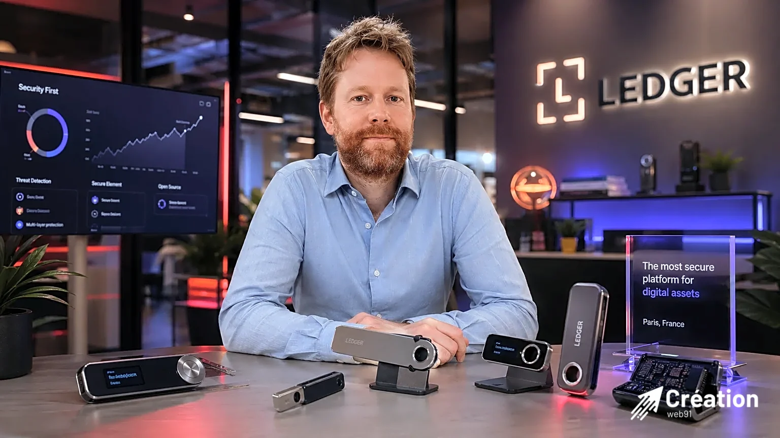 Éric Larchevêque parmi des prototypes de portefeuilles Ledger à Paris.