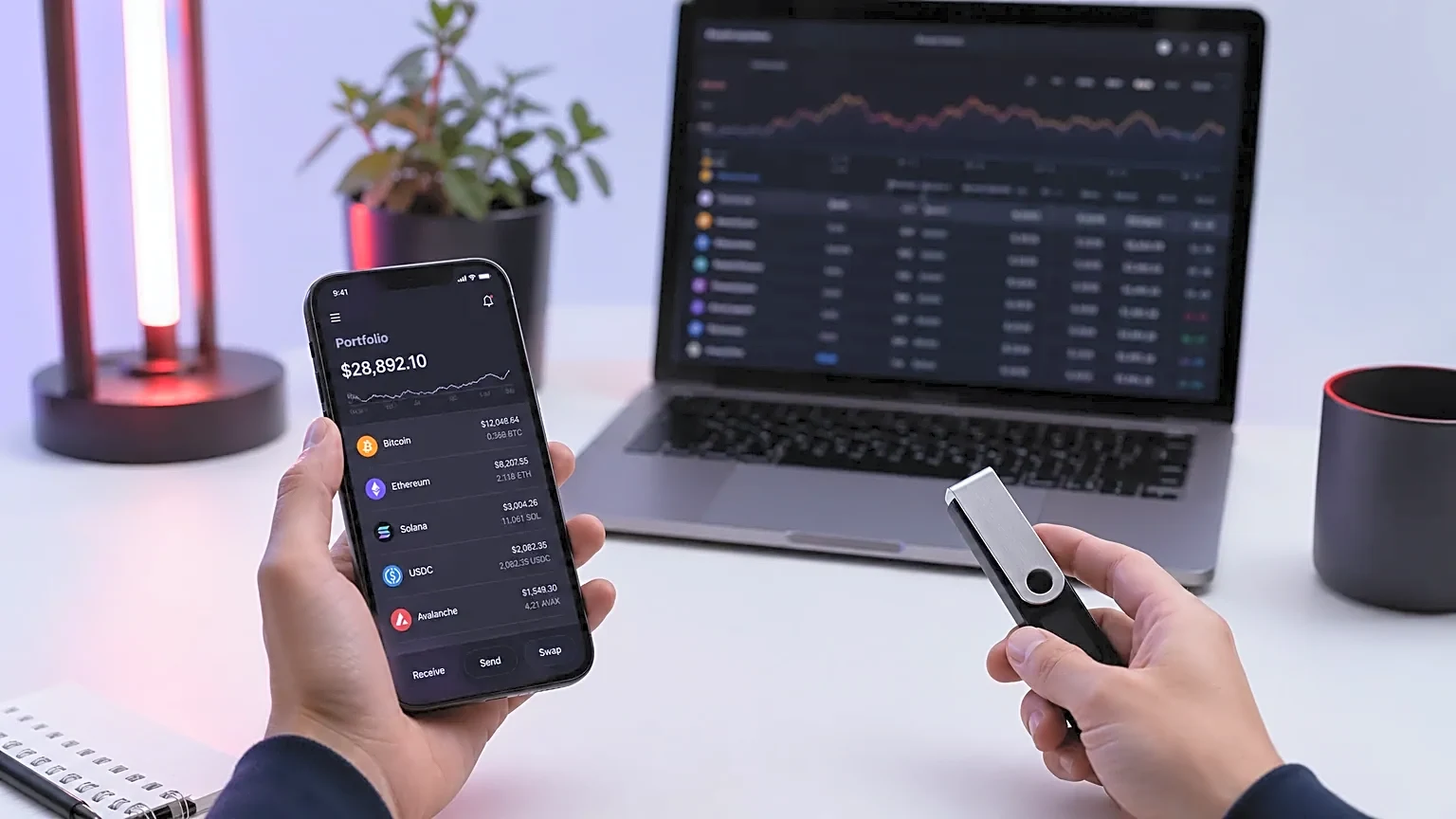 Illustration des différents types de portefeuilles crypto : mobile, web et matériel.