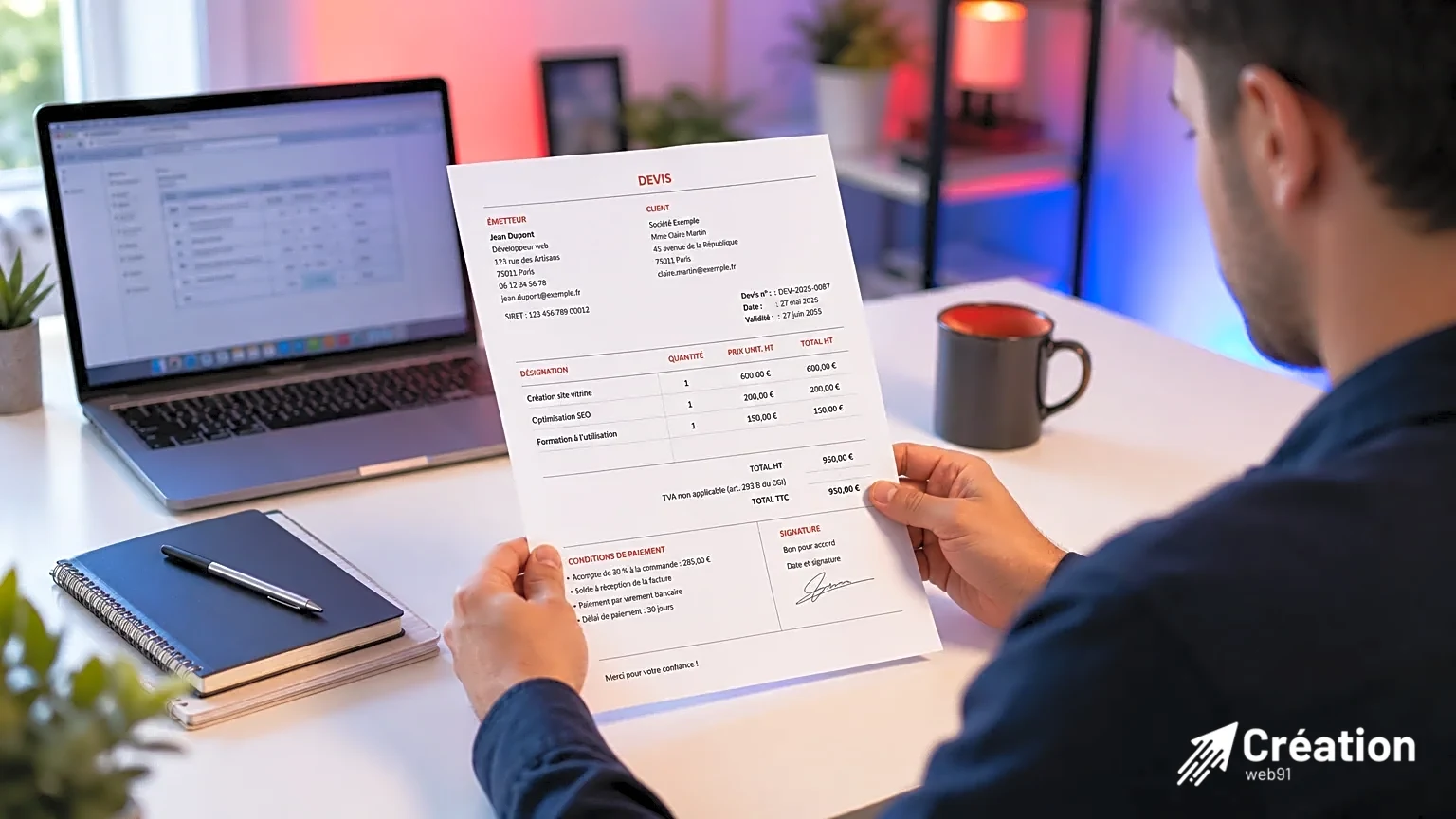 Exemple de modèle de devis pour auto-entrepreneur avec sections clés.