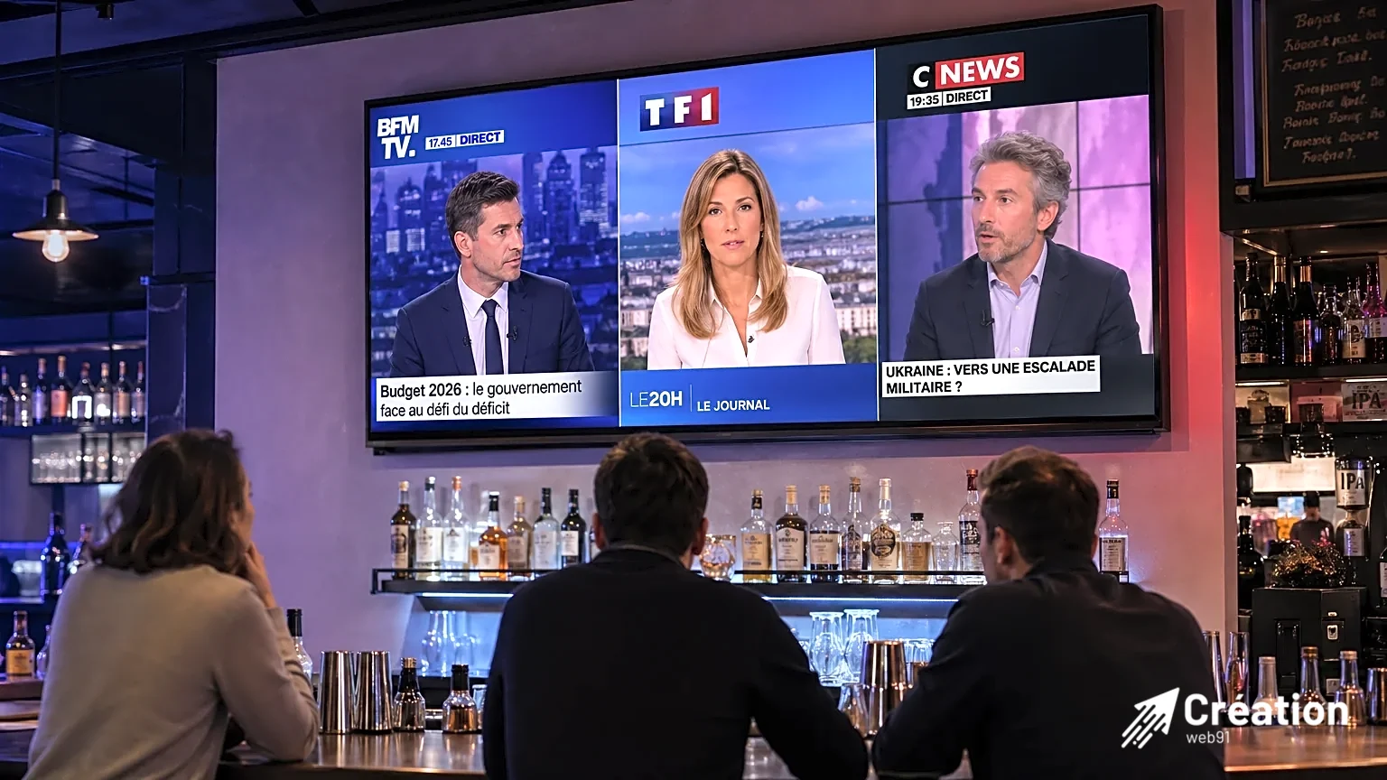 Écran de télévision avec BFM TV, TF1 et CNews affichés dans un bar.
