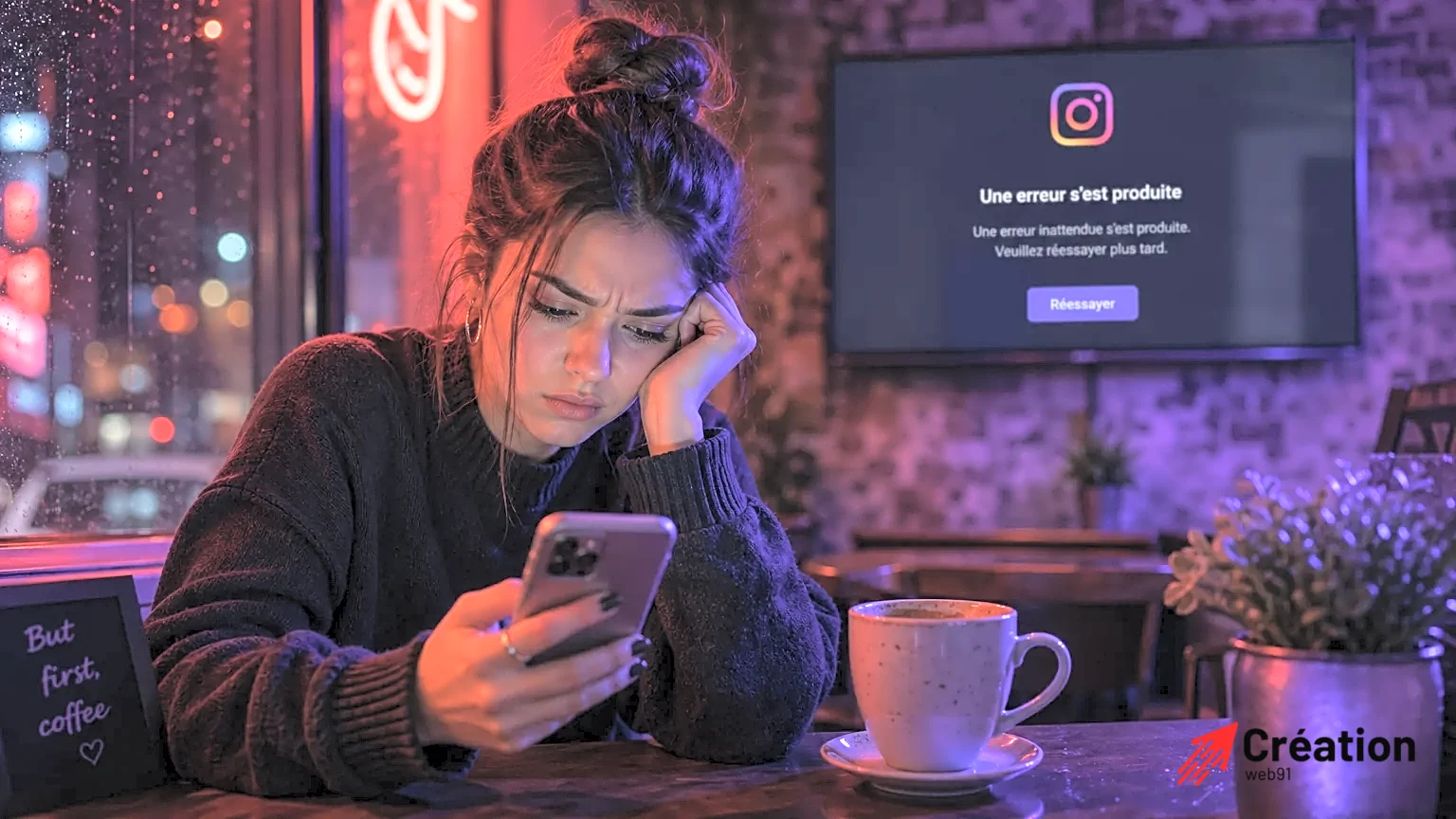 Jeune femme assise dans un café regardant son smartphone frustrée
