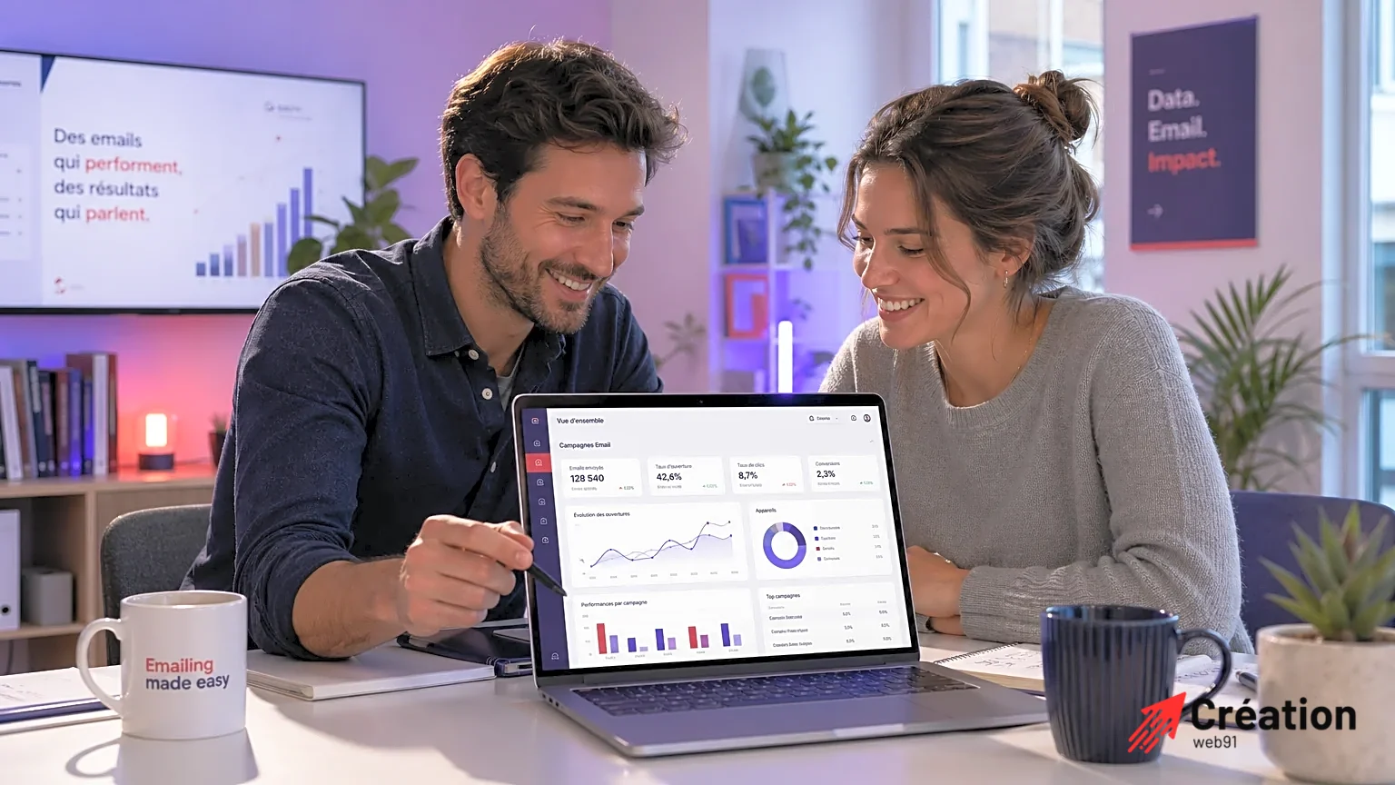 Un homme et une femme analysent des statistiques sur un ordinateur.