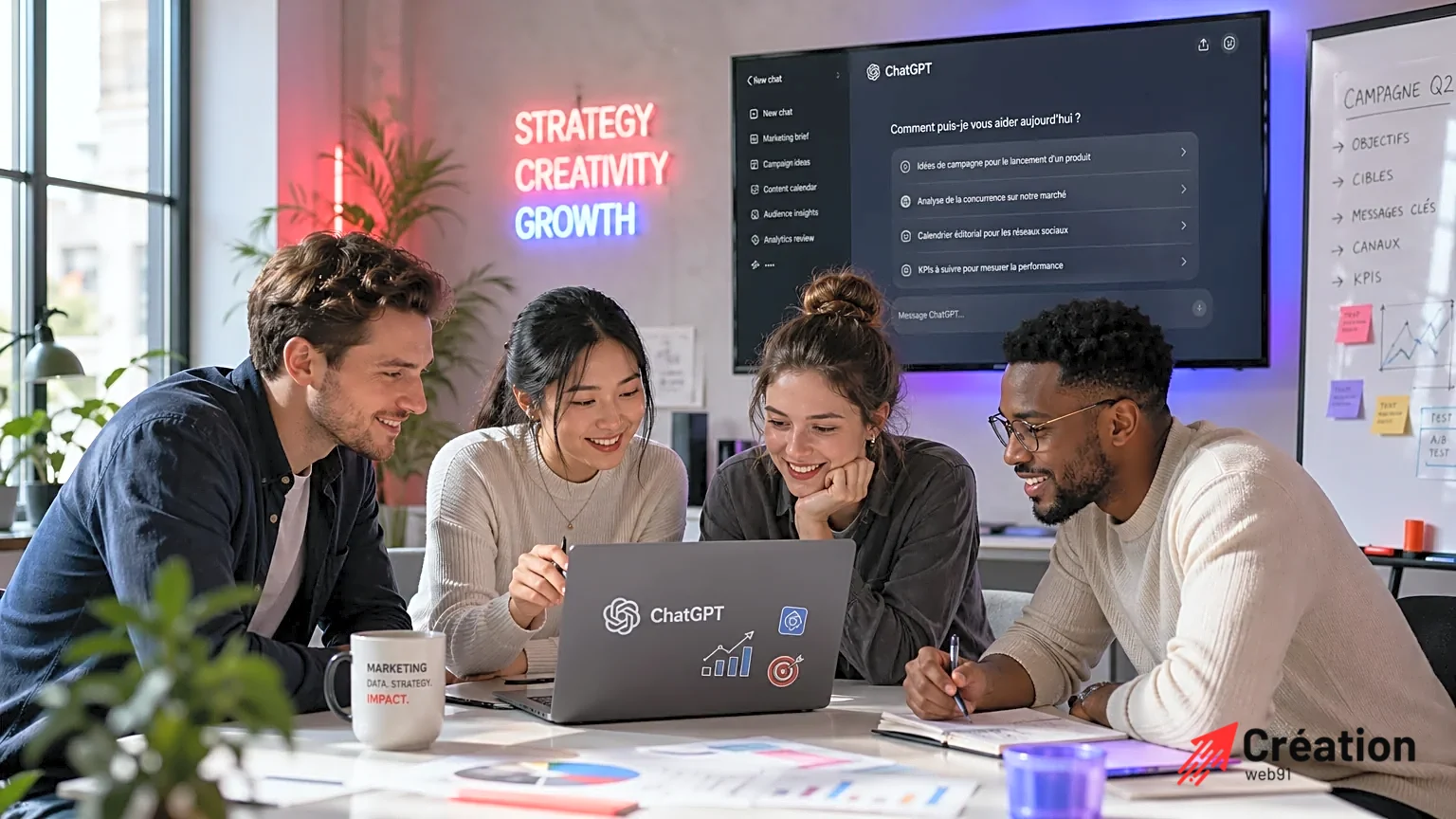 Équipe de marketers analysant des données sur un ordinateur portable.