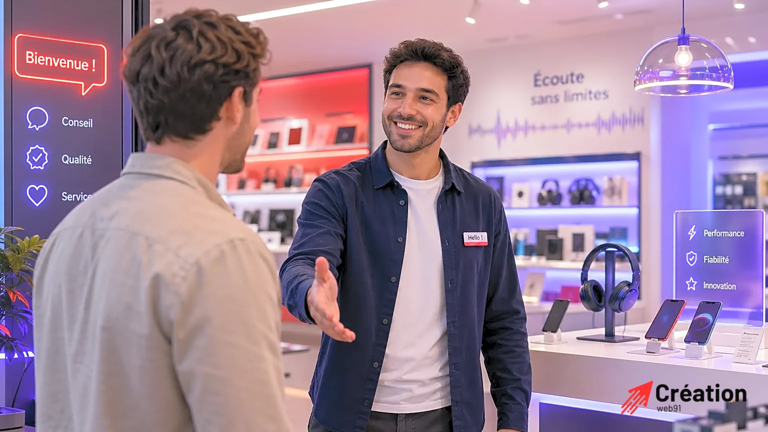 Vendeur souriant saluant un client dans un magasin lumineux