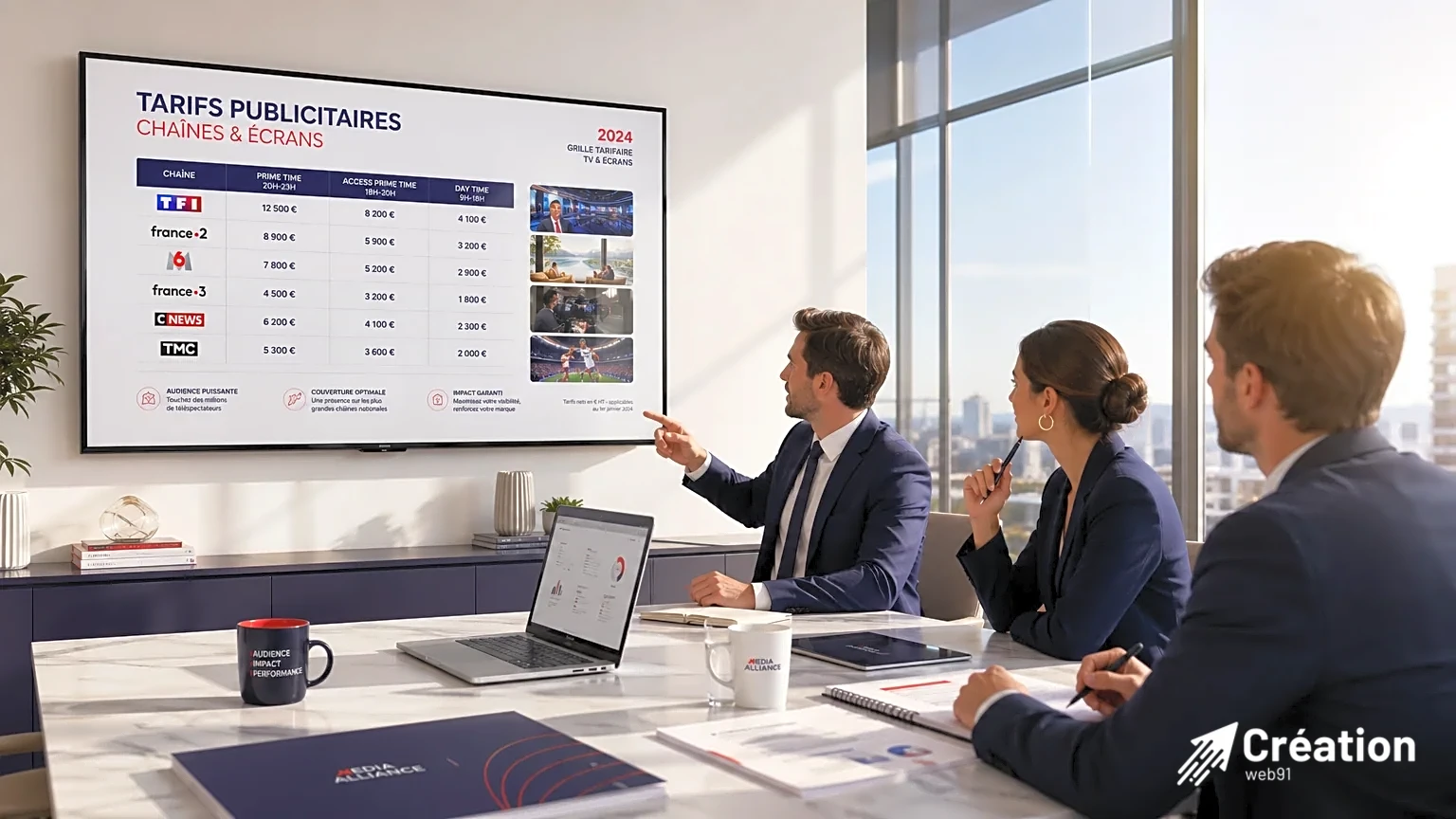 Une télévision montrant des tarifs publicitaires avec des professionnels en costume.