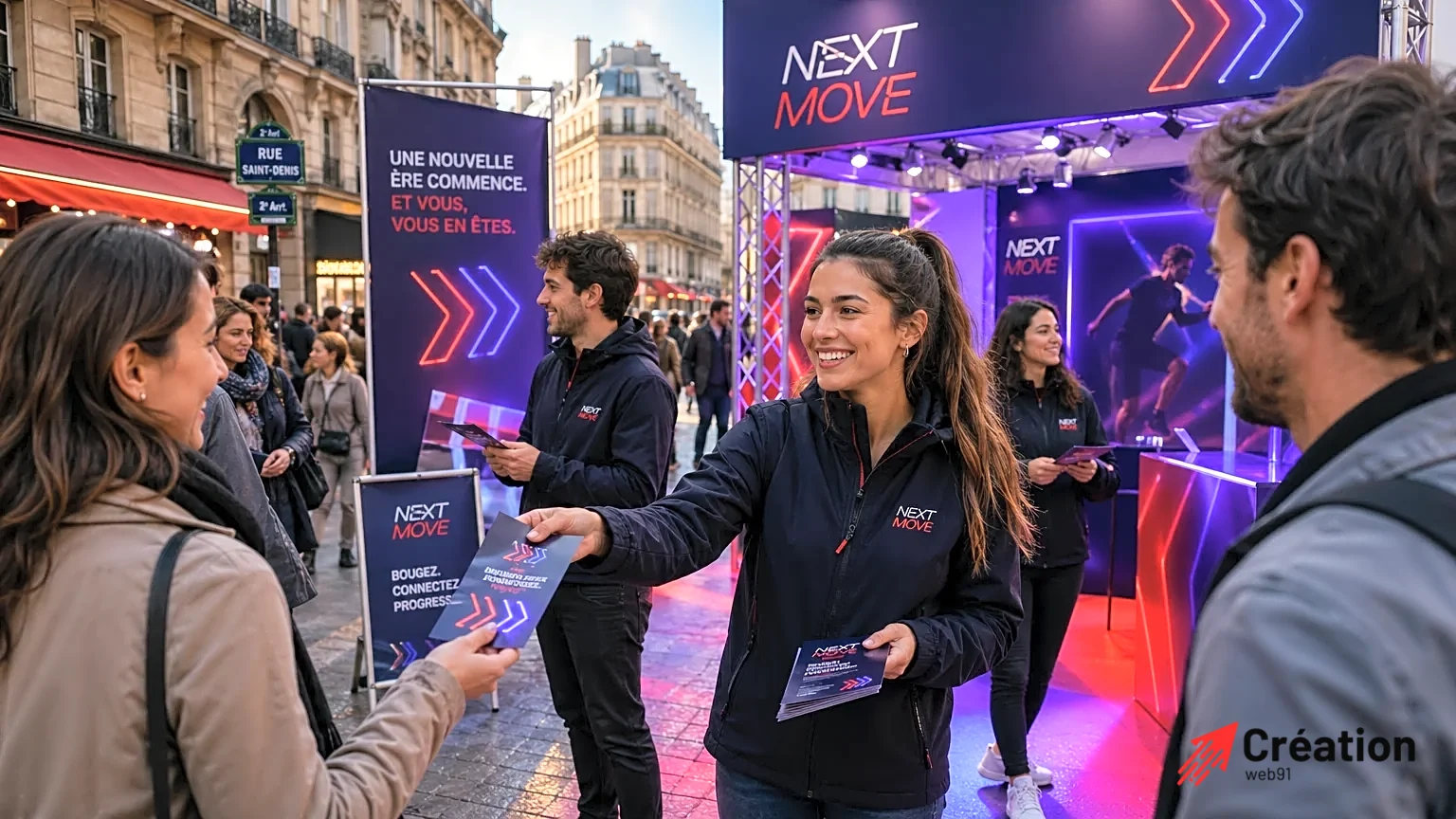 Équipe de marketeurs distribuant des flyers dans une rue animée.