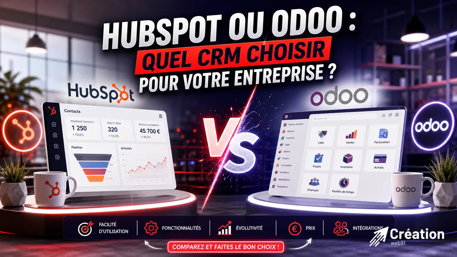 Comparaison visuelle des outils Hubspot et Odoo pour la gestion des entreprises.