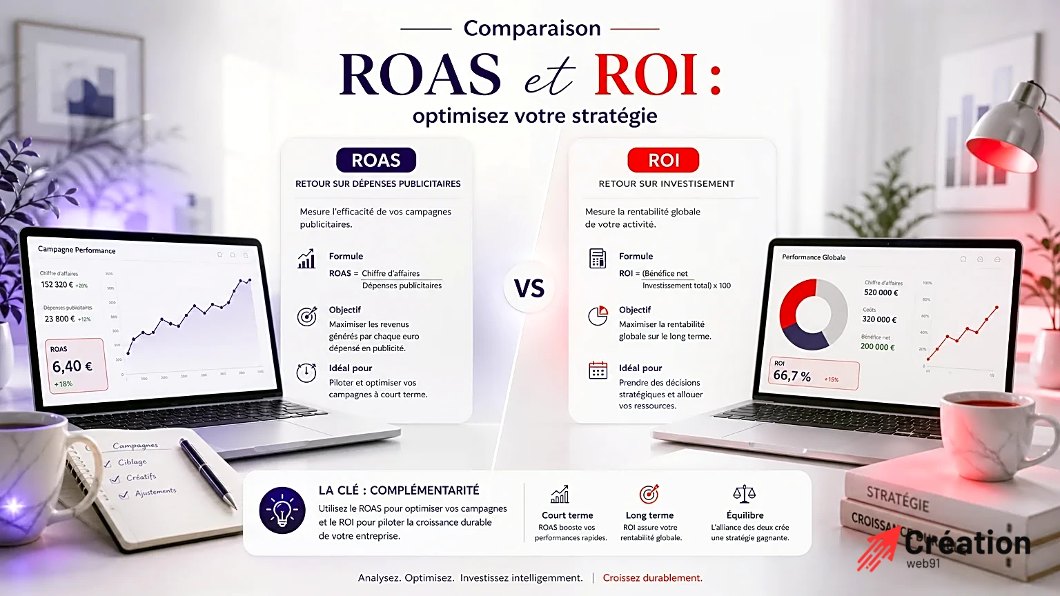 Graphique illustrant les différences entre ROAS et ROI pour l'optimisation