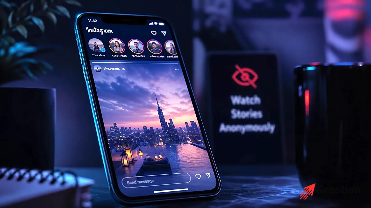Smartphone affichant une story Instagram sur fond sombre