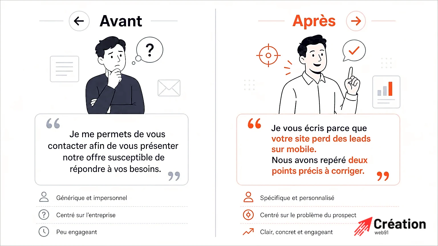 Comparaison de texte avant et après humanisation avec pictogramme.