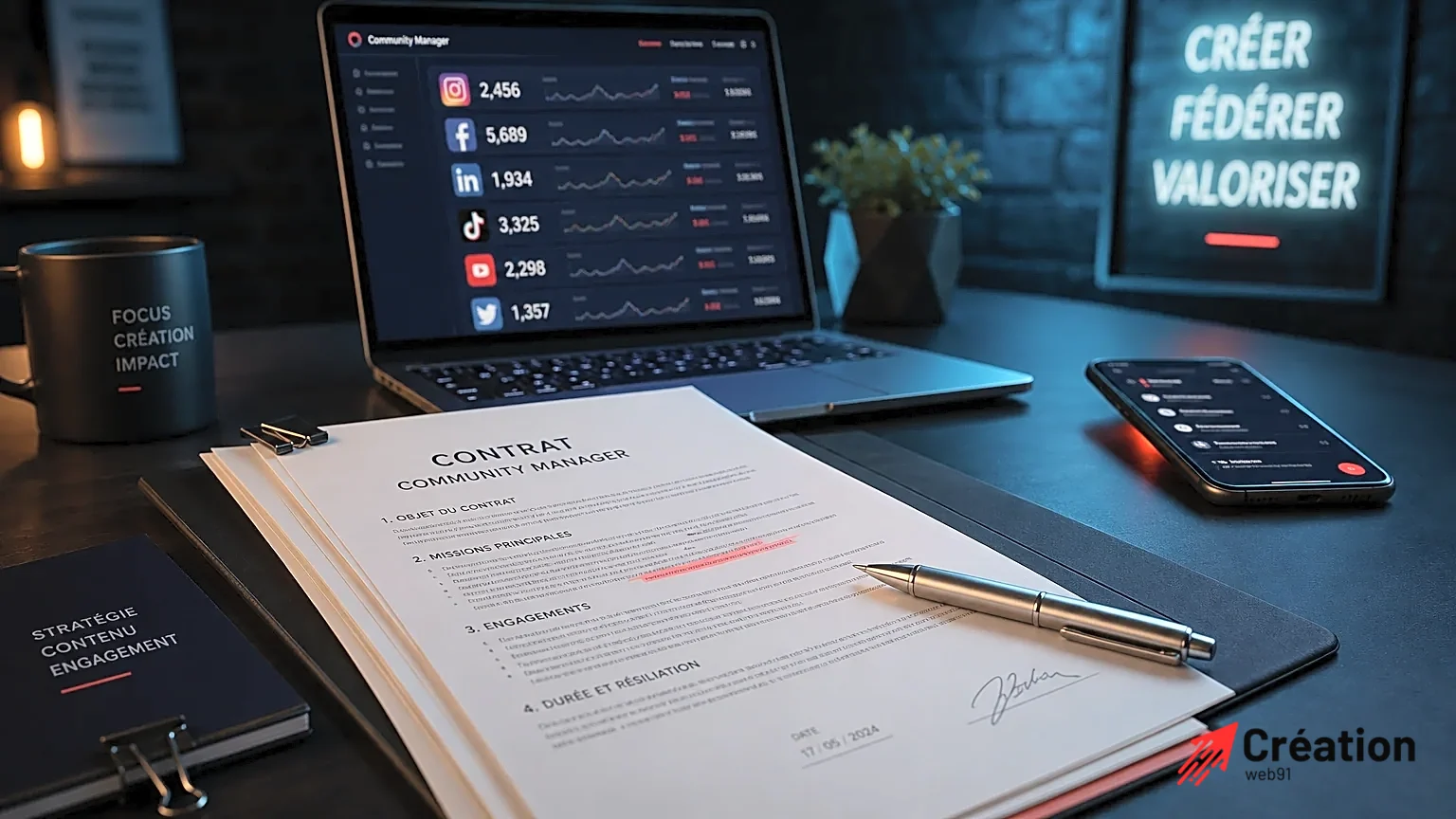 Un bureau moderne avec un ordinateur portable et des documents de contrat.