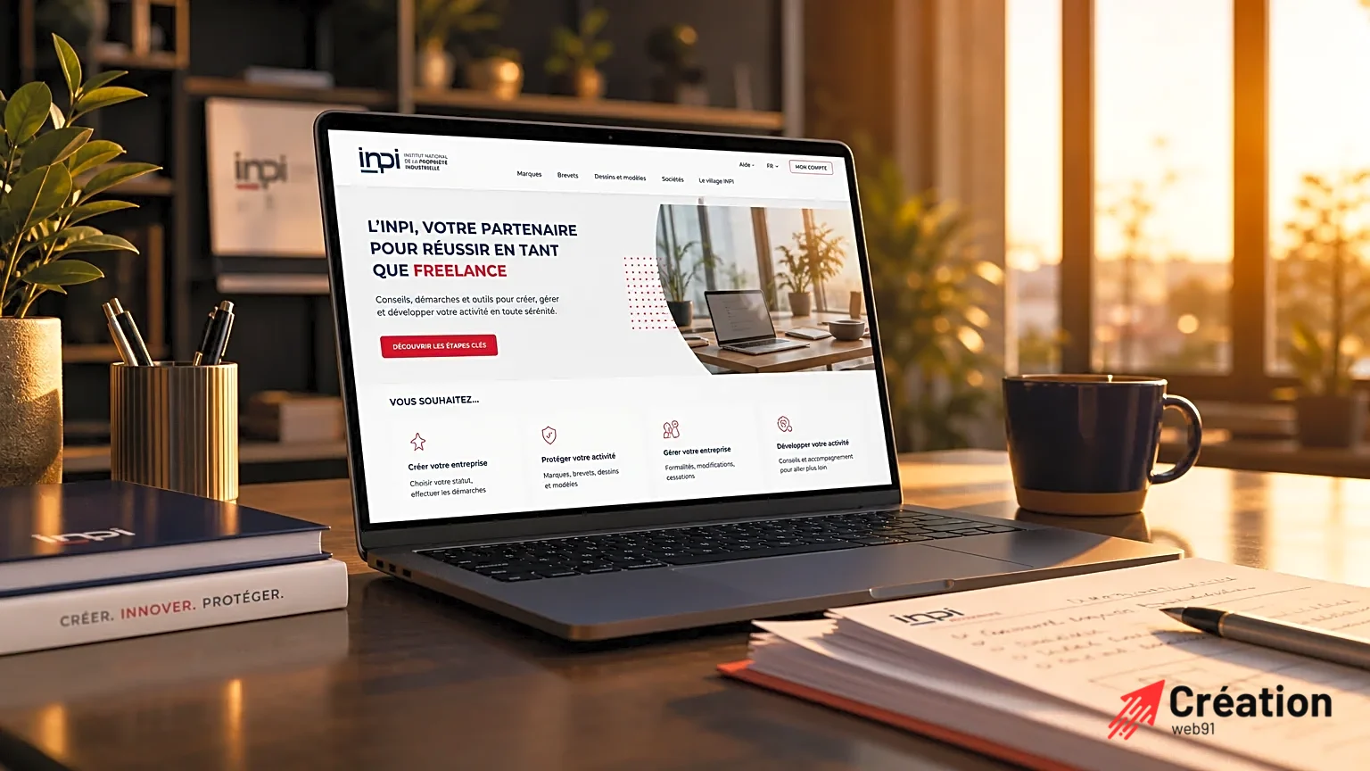 Bureau moderne avec un ordinateur portable affichant le site de l'INPI.