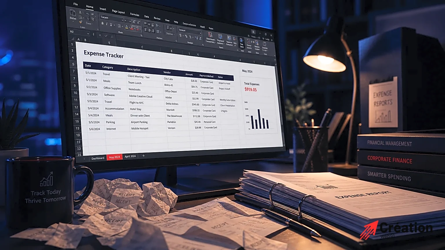 Bureau élégant avec un écran d'Excel et des reçus organisés