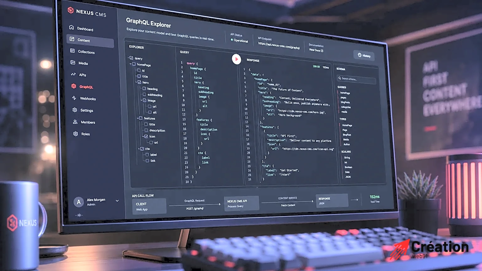 Interface d'un CMS headless sur un écran dans un espace de travail sombre