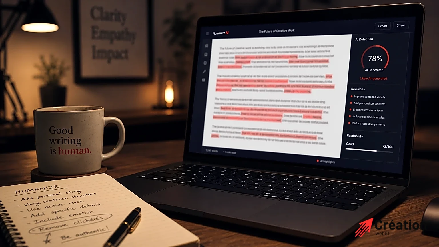 Ordinateur portable avec éditeur de texte IA et notes manuscrites