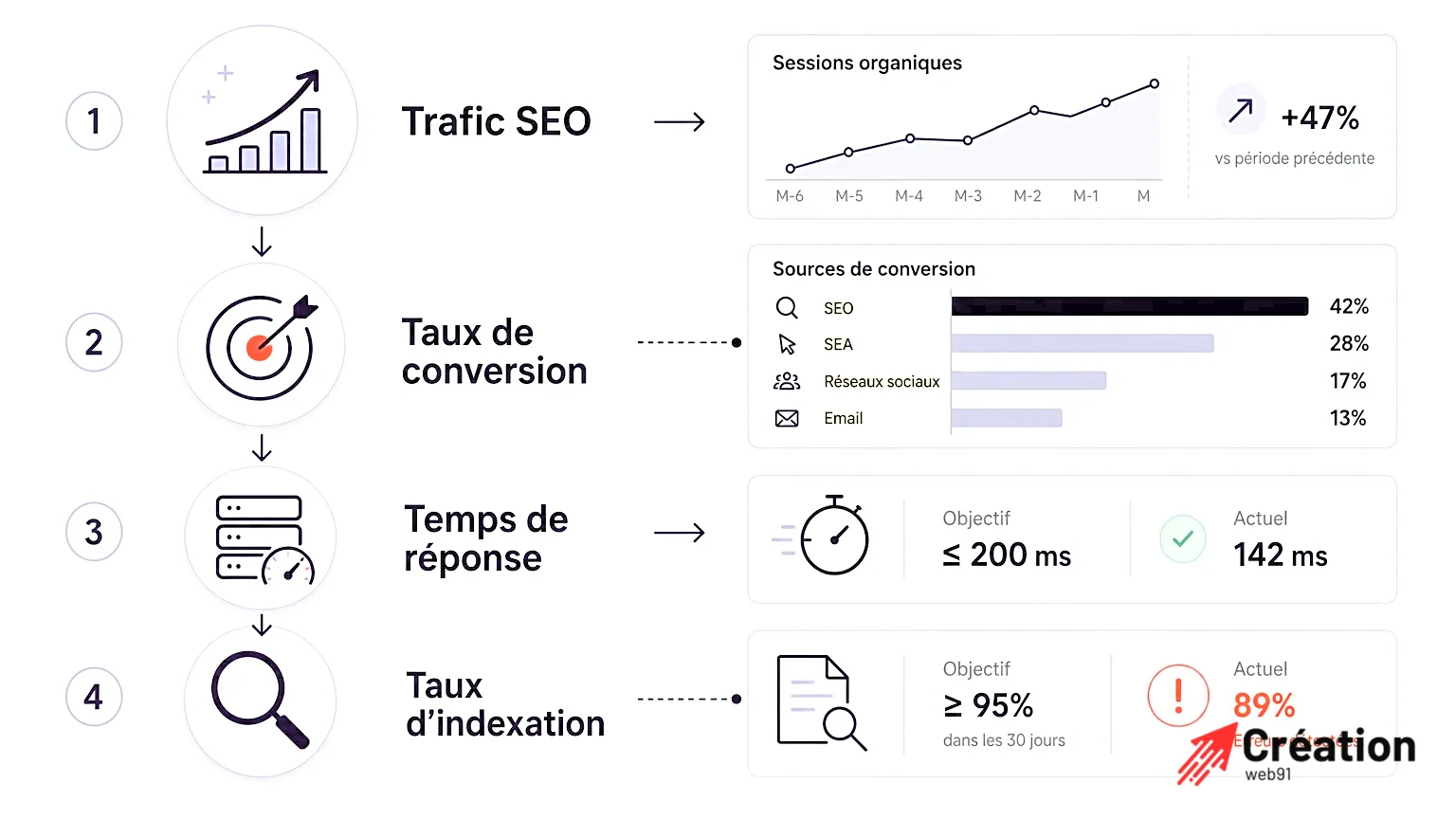 Infographie illustrant les objectifs et KPIs d'une refonte de site web