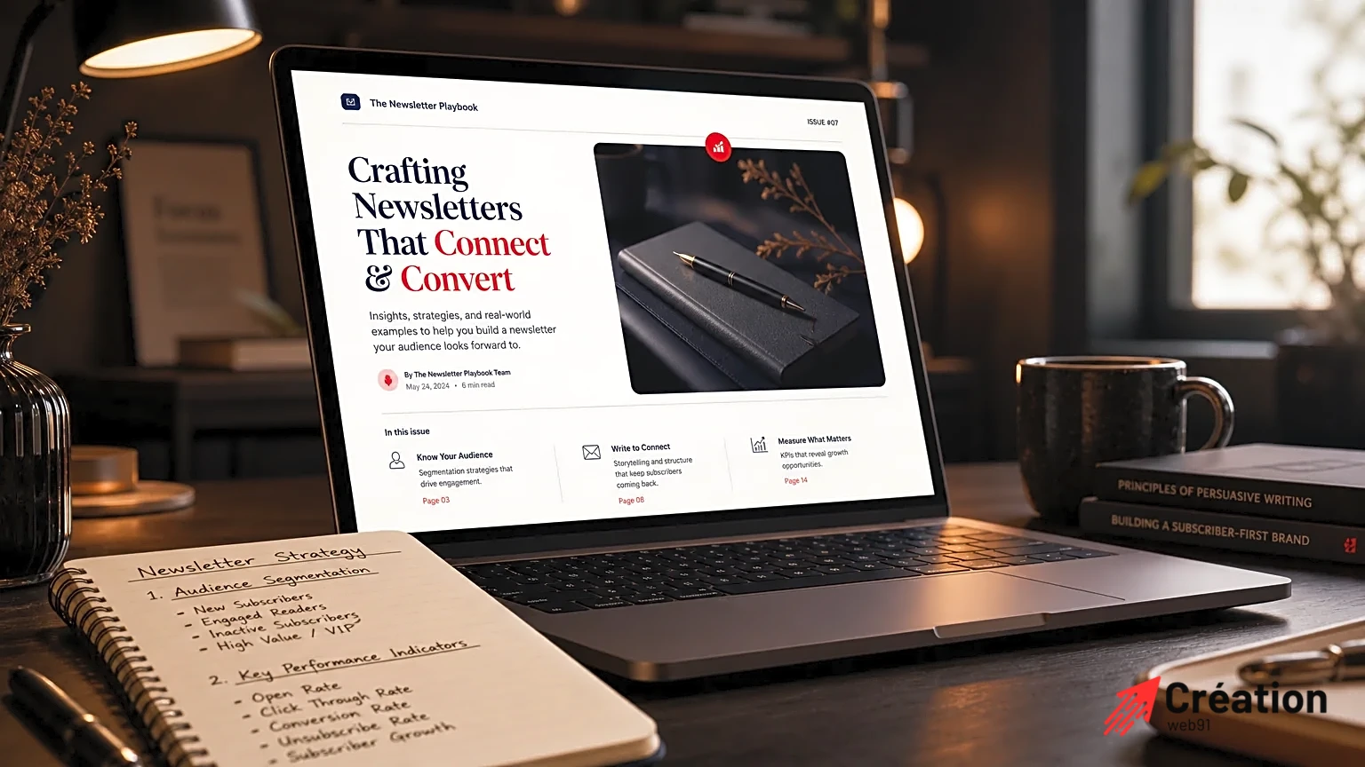 Un bureau élégant avec un ordinateur portable affichant une newsletter.