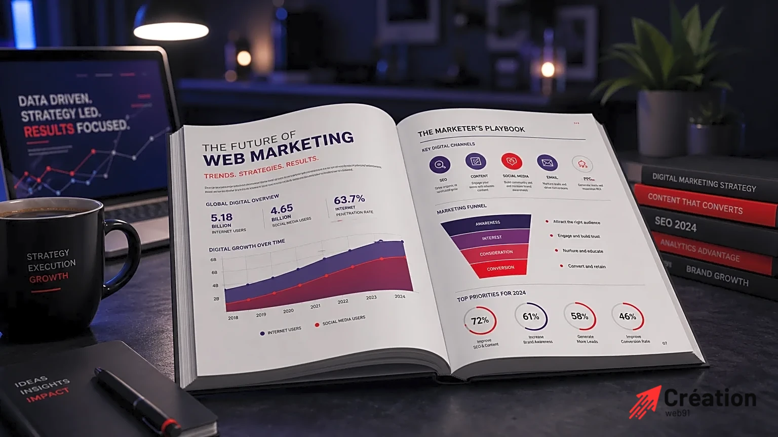 Livre ouvert montrant des infographies colorées sur le webmarketing