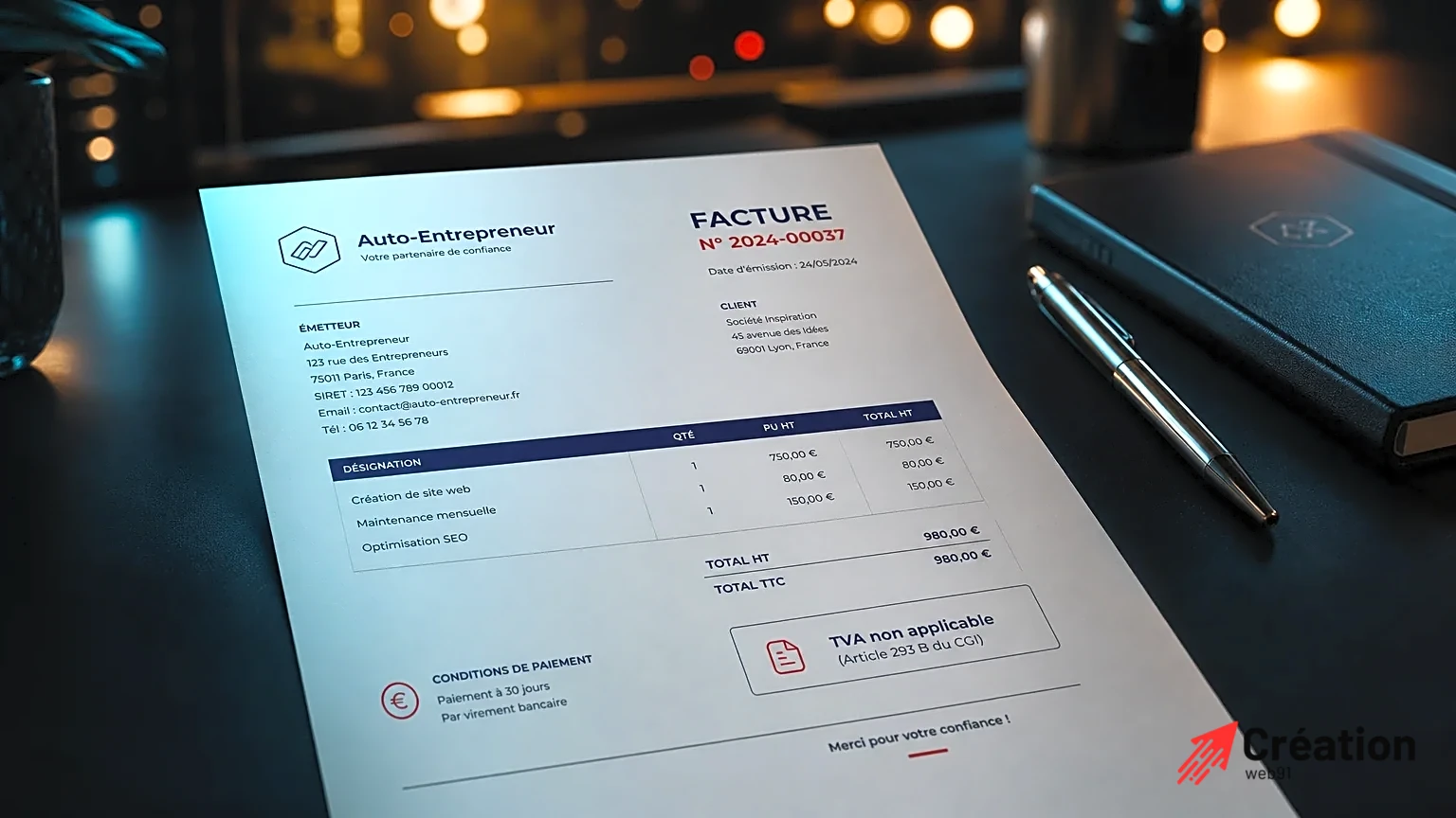 Template de facture sur un bureau noir élégant avec éclairage doux
