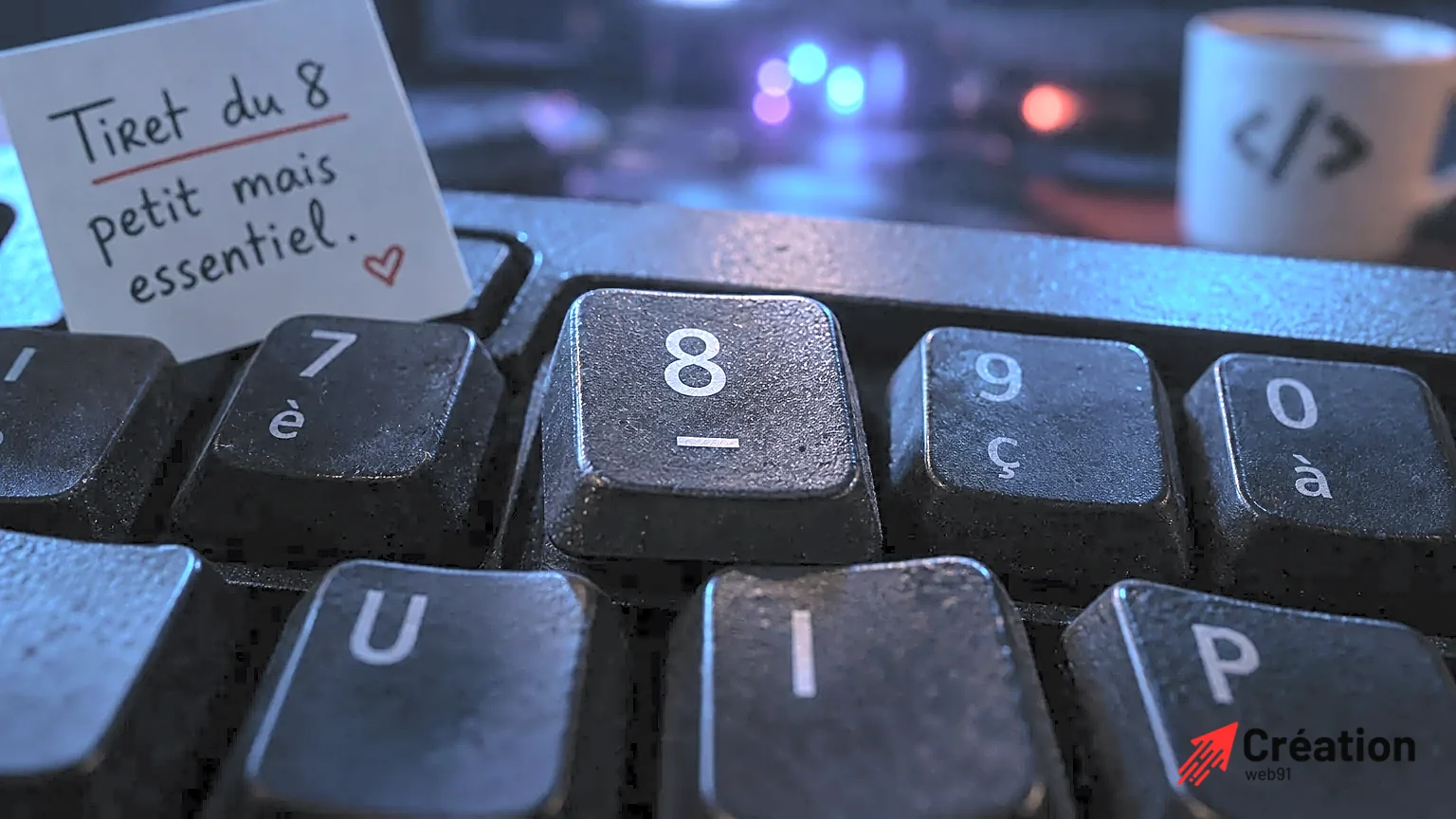Gros plan sur la touche 8 d'un clavier AZERTY avec symbole underscore.