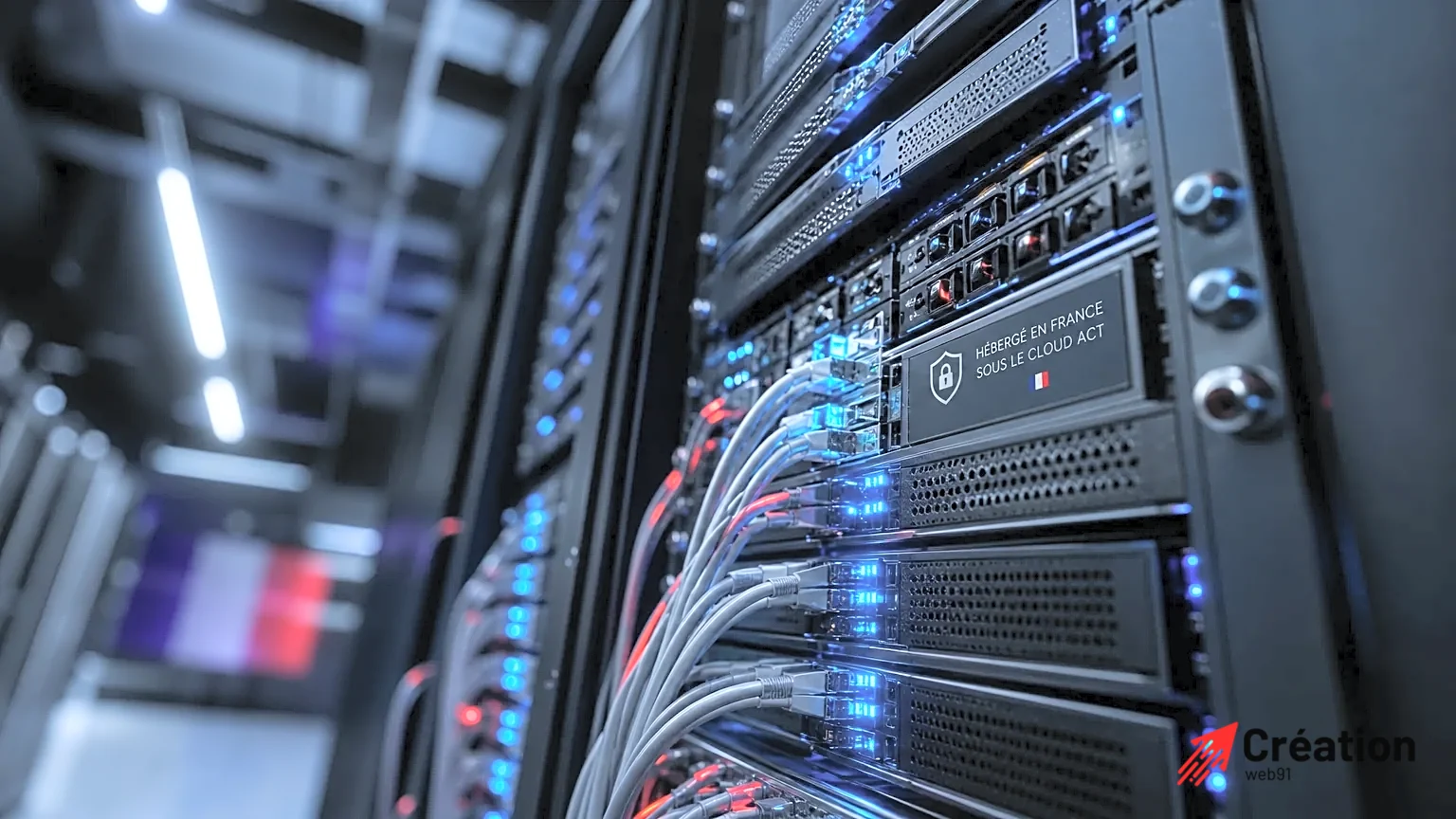 Gros plan d'un rack serveur avec câbles et indicateurs lumineux.